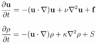 Navier-Stokes rovnice pro rychlost ve vektorovém zápise (nahoře) a
rovnice pro hustotu pohybu přes rychlostní pole (dole)